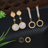 Stainless Steel Gold/Rosegold Plated Three Pair Roman Numerals Dangle & Stud Earring